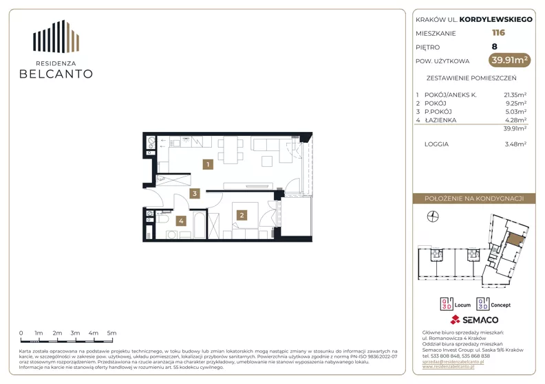 2 pokoje, mieszkanie 39,91 m², piętro 8, oferta nr 1.116, Residenza Belcanto, Kraków, Grzegórzki, ul. Kazimierza Kordylewskiego 3