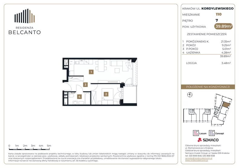 2 pokoje, mieszkanie 39,89 m², piętro 7, oferta nr 1.110, Residenza Belcanto, Kraków, Grzegórzki, ul. Kazimierza Kordylewskiego 3