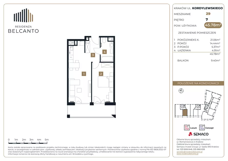 2 pokoje, mieszkanie 45,78 m², piętro 7, oferta nr 1.29, Residenza Belcanto, Kraków, Grzegórzki, ul. Kazimierza Kordylewskiego 3
