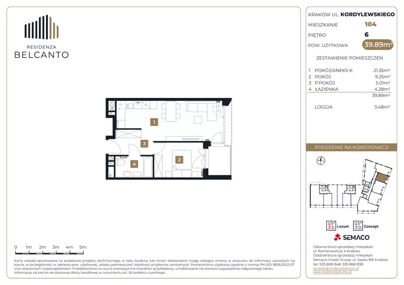 2 pokoje, mieszkanie 39,89 m², piętro 6, oferta nr 1.104, Residenza Belcanto, Kraków, Grzegórzki, ul. Kazimierza Kordylewskiego 3
