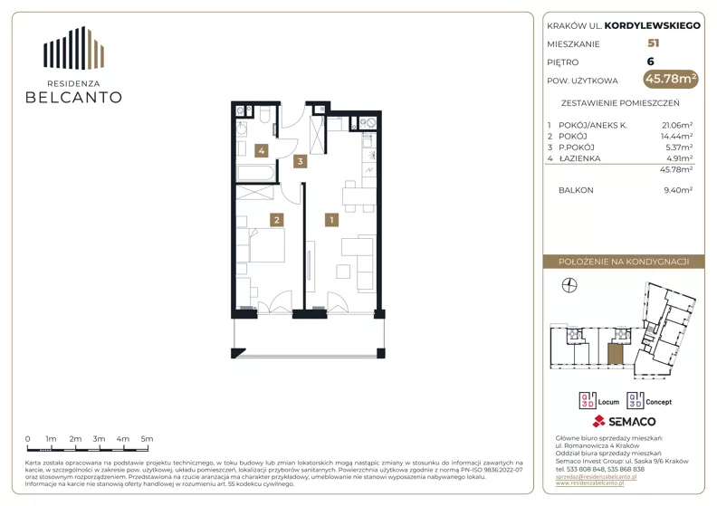 2 pokoje, mieszkanie 45,78 m², piętro 6, oferta nr 1.51, Residenza Belcanto, Kraków, Grzegórzki, ul. Kazimierza Kordylewskiego 3