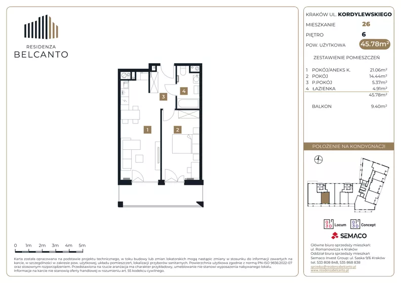 2 pokoje, mieszkanie 45,78 m², piętro 6, oferta nr 1.26, Residenza Belcanto, Kraków, Grzegórzki, ul. Kazimierza Kordylewskiego 3