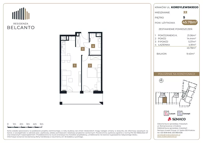 2 pokoje, mieszkanie 45,78 m², piętro 5, oferta nr 1.22, Residenza Belcanto, Kraków, Grzegórzki, ul. Kazimierza Kordylewskiego 3