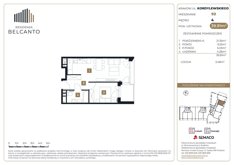 2 pokoje, mieszkanie 39,91 m², piętro 4, oferta nr 1.92, Residenza Belcanto, Kraków, Grzegórzki, ul. Kazimierza Kordylewskiego 3