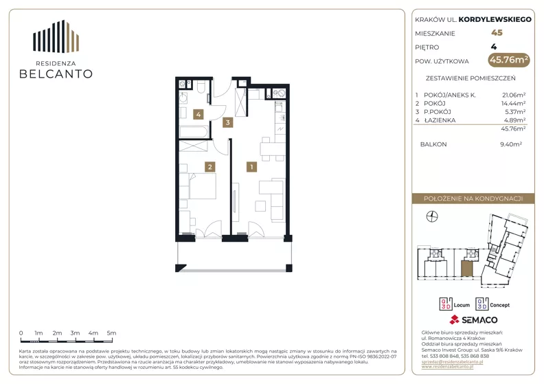 2 pokoje, mieszkanie 45,76 m², piętro 4, oferta nr 1.45, Residenza Belcanto, Kraków, Grzegórzki, ul. Kazimierza Kordylewskiego 3