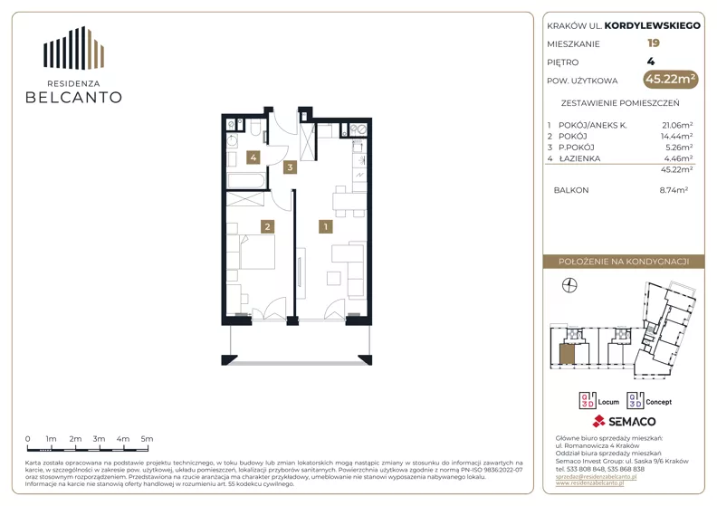 2 pokoje, mieszkanie 45,22 m², piętro 4, oferta nr 1.19, Residenza Belcanto, Kraków, Grzegórzki, ul. Kazimierza Kordylewskiego 3