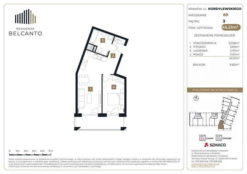 2 pokoje, mieszkanie 45,21 m², piętro 3, oferta nr 1.89, Residenza Belcanto, Kraków, Grzegórzki, ul. Kazimierza Kordylewskiego 3