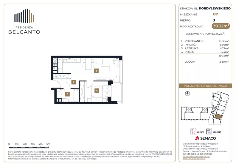 2 pokoje, mieszkanie 39,32 m², piętro 3, oferta nr 1.87, Residenza Belcanto, Kraków, Grzegórzki, ul. Kazimierza Kordylewskiego 3