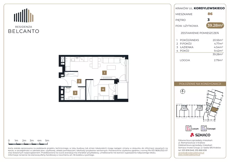 2 pokoje, mieszkanie 39,28 m², piętro 3, oferta nr 1.86, Residenza Belcanto, Kraków, Grzegórzki, ul. Kazimierza Kordylewskiego 3