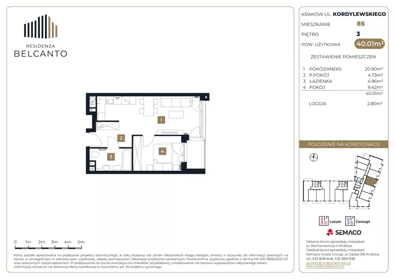 2 pokoje, mieszkanie 40,01 m², piętro 3, oferta nr 1.85, Residenza Belcanto, Kraków, Grzegórzki, ul. Kazimierza Kordylewskiego 3