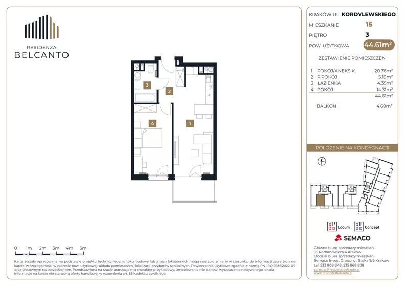 2 pokoje, mieszkanie 44,61 m², piętro 3, oferta nr 1.15, Residenza Belcanto, Kraków, Grzegórzki, ul. Kazimierza Kordylewskiego 3