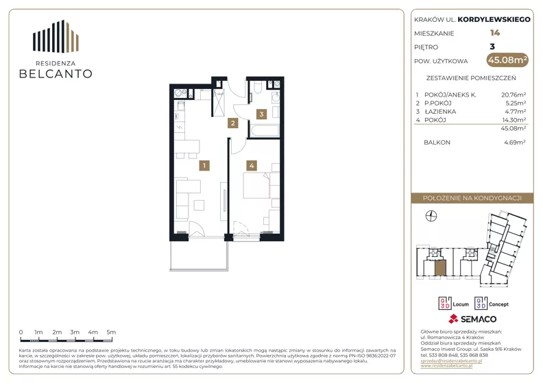2 pokoje, mieszkanie 45,08 m², piętro 3, oferta nr 1.14, Residenza Belcanto, Kraków, Grzegórzki, ul. Kazimierza Kordylewskiego 3