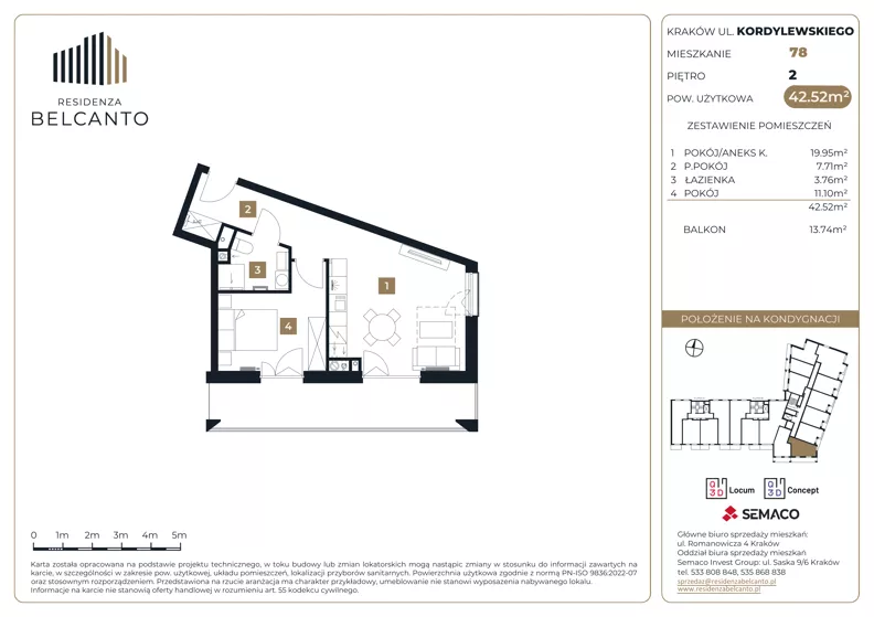 2 pokoje, mieszkanie 42,52 m², piętro 2, oferta nr 1.78, Residenza Belcanto, Kraków, Grzegórzki, ul. Kazimierza Kordylewskiego 3
