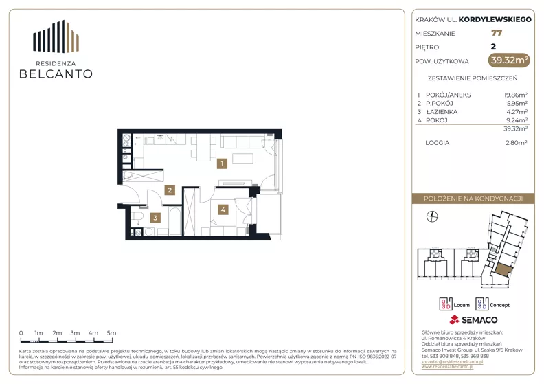 2 pokoje, mieszkanie 39,32 m², piętro 2, oferta nr 1.77, Residenza Belcanto, Kraków, Grzegórzki, ul. Kazimierza Kordylewskiego 3