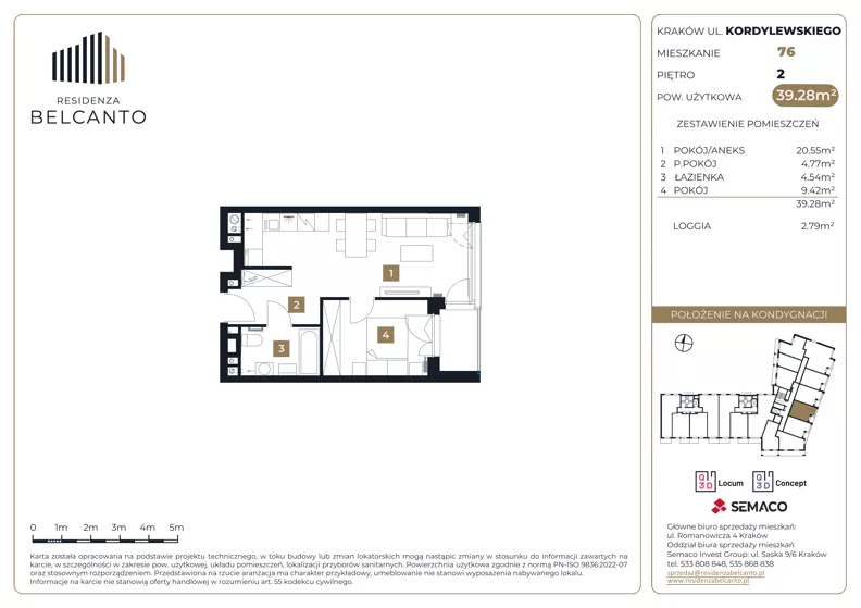 2 pokoje, mieszkanie 39,28 m², piętro 2, oferta nr 1.76, Residenza Belcanto, Kraków, Grzegórzki, ul. Kazimierza Kordylewskiego 3