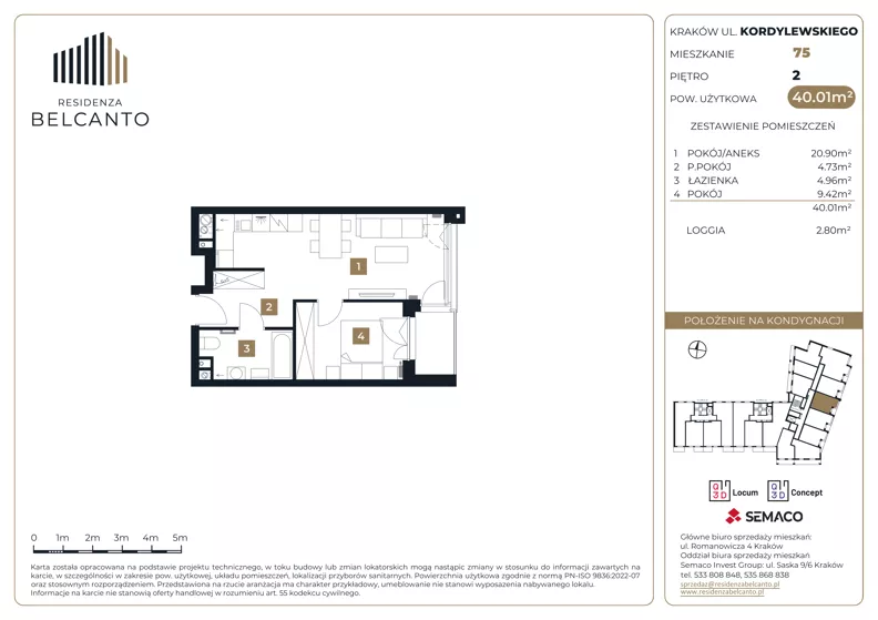 2 pokoje, mieszkanie 40,01 m², piętro 2, oferta nr 1.75, Residenza Belcanto, Kraków, Grzegórzki, ul. Kazimierza Kordylewskiego 3