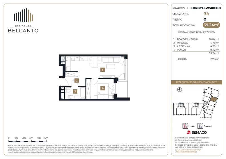 2 pokoje, mieszkanie 39,24 m², piętro 2, oferta nr 1.74, Residenza Belcanto, Kraków, Grzegórzki, ul. Kazimierza Kordylewskiego 3