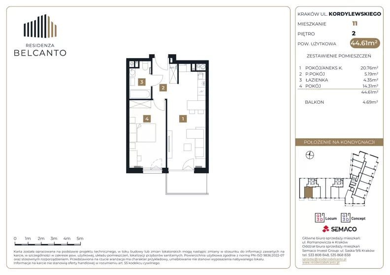 2 pokoje, mieszkanie 44,61 m², piętro 2, oferta nr 1.11, Residenza Belcanto, Kraków, Grzegórzki, ul. Kazimierza Kordylewskiego 3