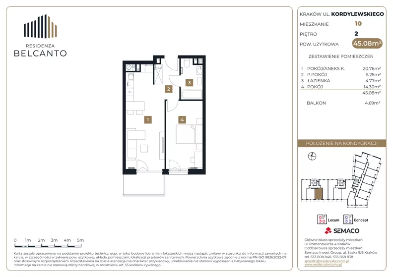 2 pokoje, mieszkanie 45,08 m², piętro 2, oferta nr 1.10, Residenza Belcanto, Kraków, Grzegórzki, ul. Kazimierza Kordylewskiego 3