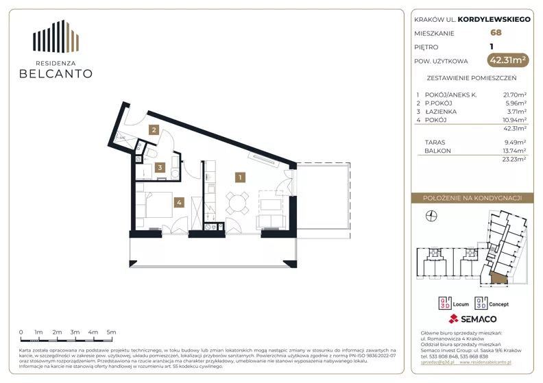 2 pokoje, mieszkanie 42,31 m², piętro 1, oferta nr 1.68, Residenza Belcanto, Kraków, Grzegórzki, ul. Kazimierza Kordylewskiego 3