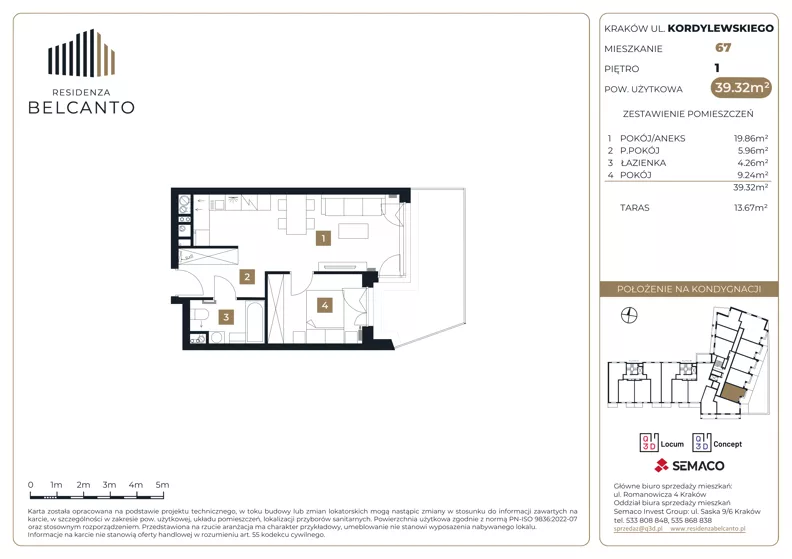2 pokoje, mieszkanie 39,32 m², piętro 1, oferta nr 1.67, Residenza Belcanto, Kraków, Grzegórzki, ul. Kazimierza Kordylewskiego 3