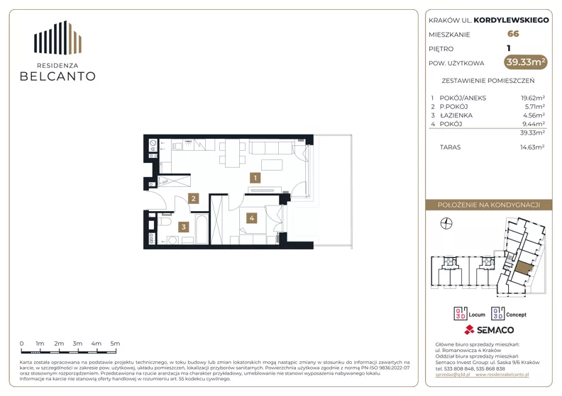 2 pokoje, mieszkanie 39,33 m², piętro 1, oferta nr 1.66, Residenza Belcanto, Kraków, Grzegórzki, ul. Kazimierza Kordylewskiego 3