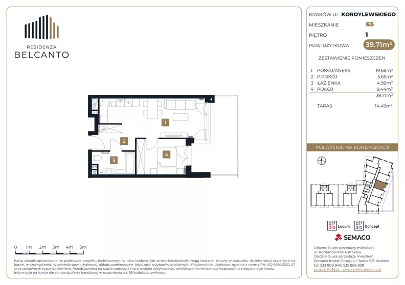 2 pokoje, mieszkanie 39,71 m², piętro 1, oferta nr 1.65, Residenza Belcanto, Kraków, Grzegórzki, ul. Kazimierza Kordylewskiego 3