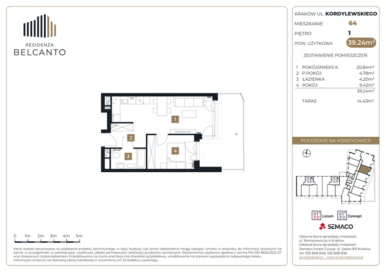 2 pokoje, mieszkanie 39,24 m², piętro 1, oferta nr 1.64, Residenza Belcanto, Kraków, Grzegórzki, ul. Kazimierza Kordylewskiego 3