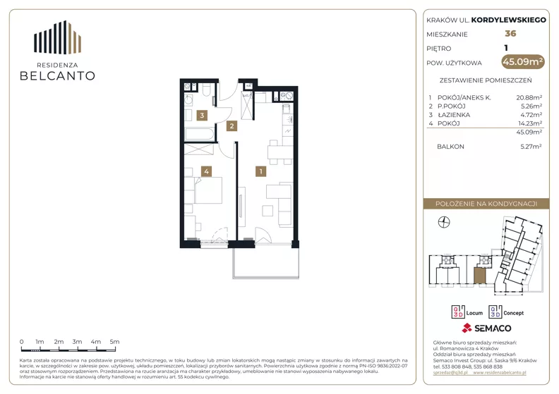 2 pokoje, mieszkanie 45,09 m², piętro 1, oferta nr 1.36, Residenza Belcanto, Kraków, Grzegórzki, ul. Kazimierza Kordylewskiego 3