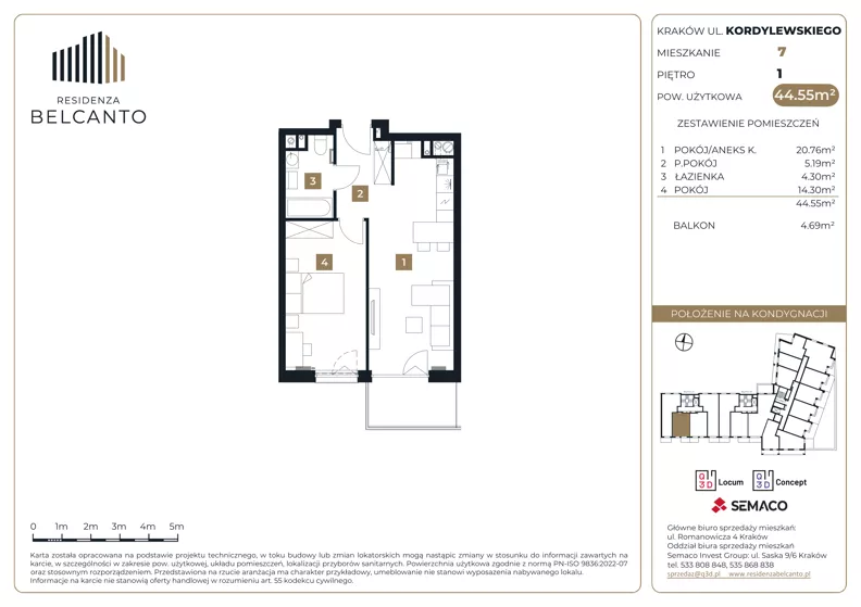 2 pokoje, mieszkanie 44,55 m², piętro 1, oferta nr 1.7, Residenza Belcanto, Kraków, Grzegórzki, ul. Kazimierza Kordylewskiego 3