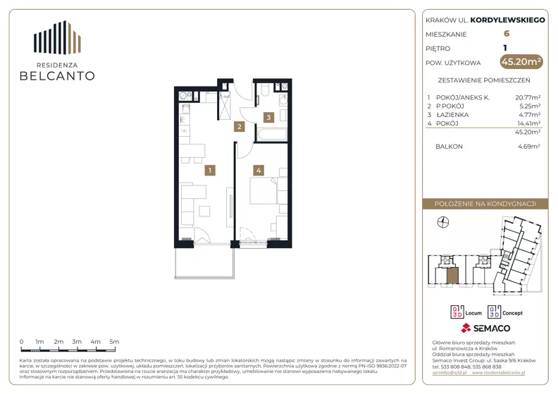 2 pokoje, mieszkanie 45,20 m², piętro 1, oferta nr 1.6, Residenza Belcanto, Kraków, Grzegórzki, ul. Kazimierza Kordylewskiego 3