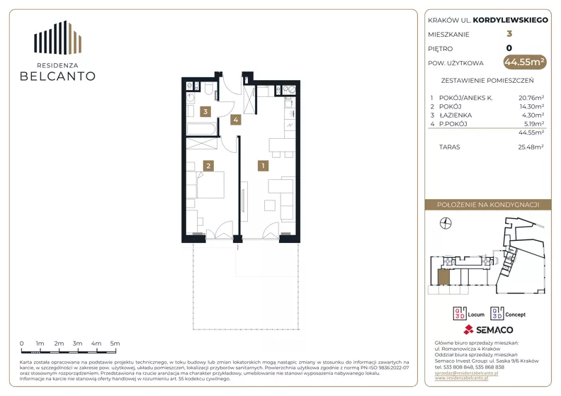 2 pokoje, mieszkanie 44,55 m², parter, oferta nr 1.3, Residenza Belcanto, Kraków, Grzegórzki, ul. Kazimierza Kordylewskiego 3