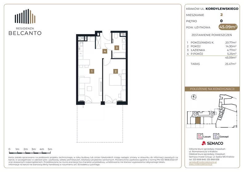 2 pokoje, mieszkanie 45,09 m², parter, oferta nr 1.2, Residenza Belcanto, Kraków, Grzegórzki, ul. Kazimierza Kordylewskiego 3