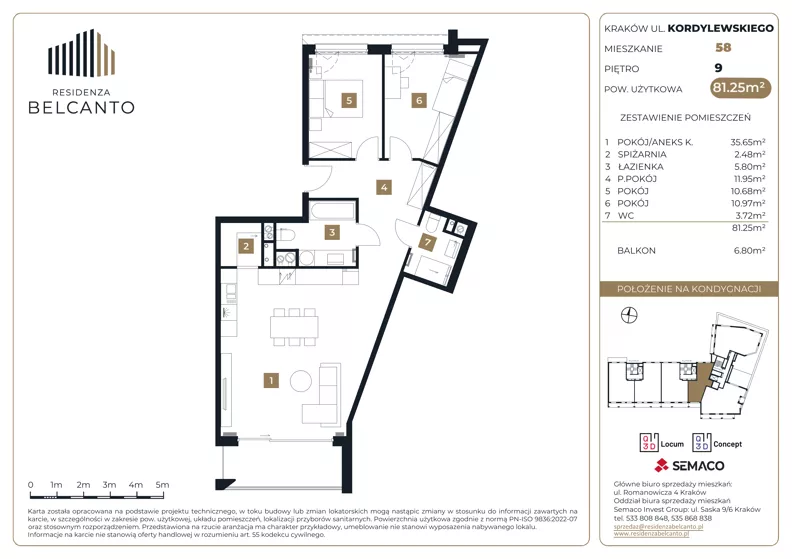 3 pokoje, mieszkanie 81,25 m², piętro 9, oferta nr 1.58, Residenza Belcanto, Kraków, Grzegórzki, ul. Kazimierza Kordylewskiego 3