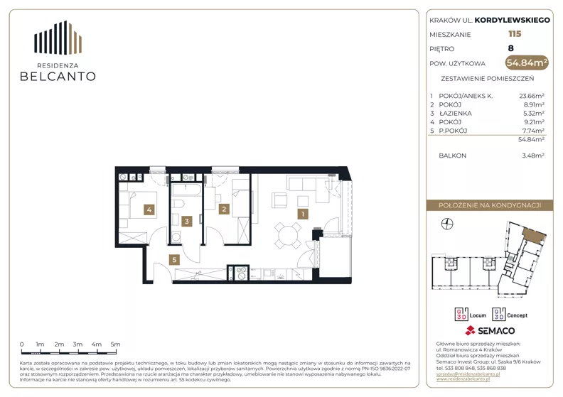 3 pokoje, mieszkanie 54,84 m², piętro 8, oferta nr 1.115, Residenza Belcanto, Kraków, Grzegórzki, ul. Kazimierza Kordylewskiego 3