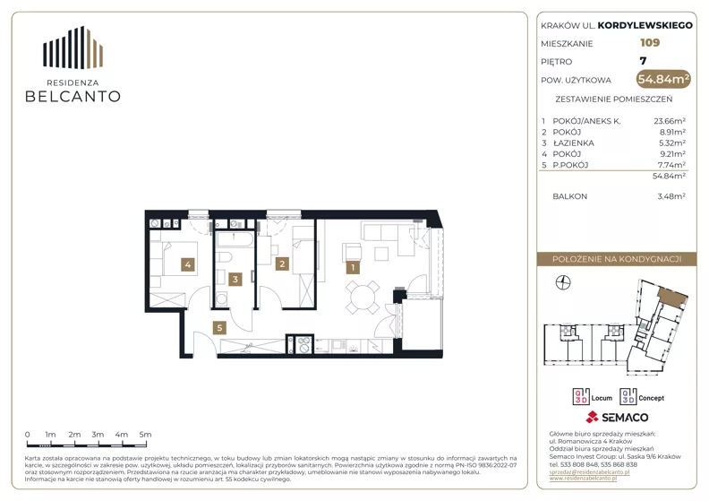 3 pokoje, mieszkanie 54,84 m², piętro 7, oferta nr 1.109, Residenza Belcanto, Kraków, Grzegórzki, ul. Kazimierza Kordylewskiego 3