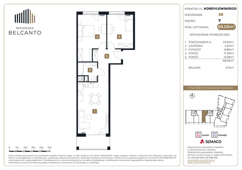 3 pokoje, mieszkanie 68,05 m², piętro 7, oferta nr 1.55, Residenza Belcanto, Kraków, Grzegórzki, ul. Kazimierza Kordylewskiego 3