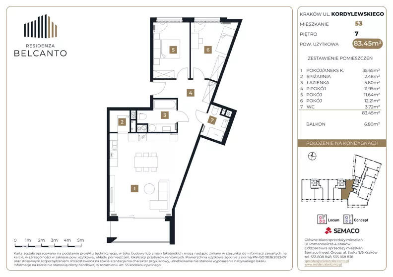 3 pokoje, mieszkanie 83,45 m², piętro 7, oferta nr 1.53, Residenza Belcanto, Kraków, Grzegórzki, ul. Kazimierza Kordylewskiego 3