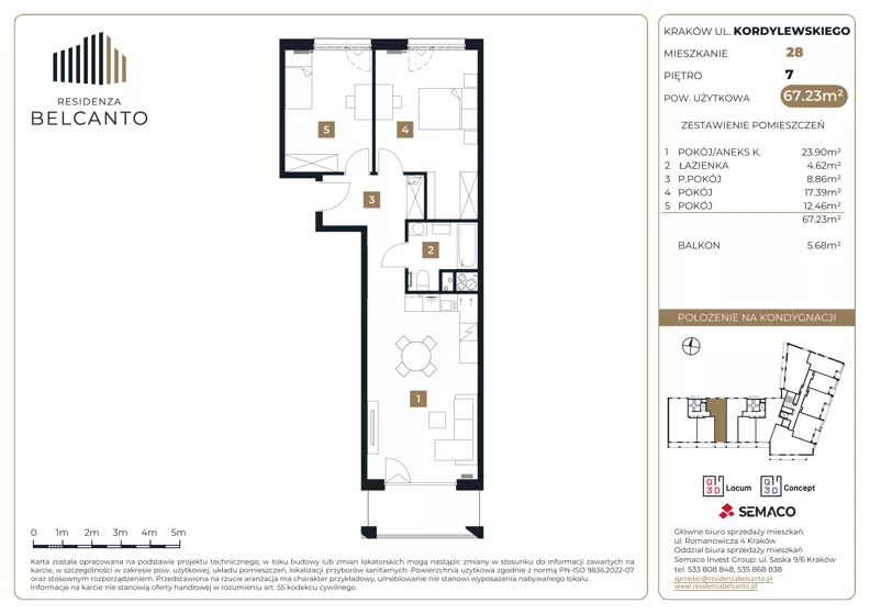3 pokoje, mieszkanie 67,23 m², piętro 7, oferta nr 1.28, Residenza Belcanto, Kraków, Grzegórzki, ul. Kazimierza Kordylewskiego 3