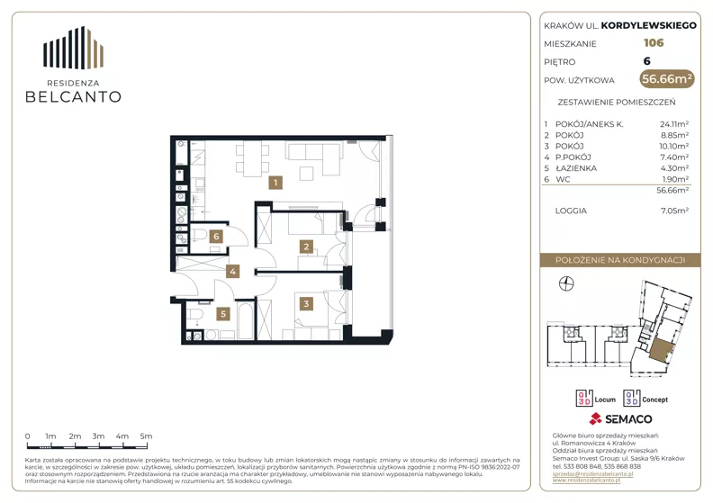 3 pokoje, mieszkanie 56,66 m², piętro 6, oferta nr 1.106, Residenza Belcanto, Kraków, Grzegórzki, ul. Kazimierza Kordylewskiego 3