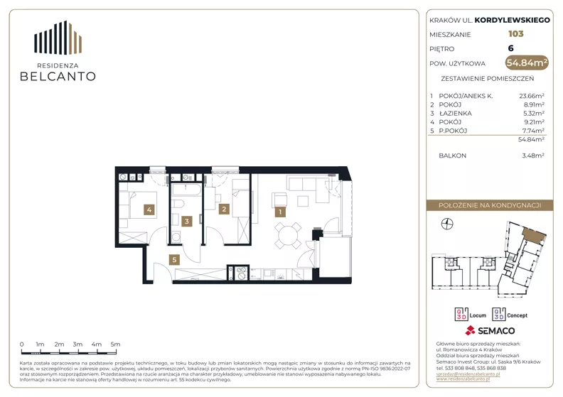 3 pokoje, mieszkanie 54,84 m², piętro 6, oferta nr 1.103, Residenza Belcanto, Kraków, Grzegórzki, ul. Kazimierza Kordylewskiego 3