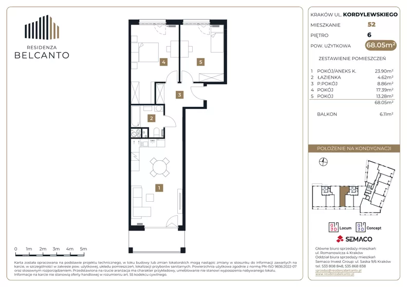 3 pokoje, mieszkanie 68,05 m², piętro 6, oferta nr 1.52, Residenza Belcanto, Kraków, Grzegórzki, ul. Kazimierza Kordylewskiego 3