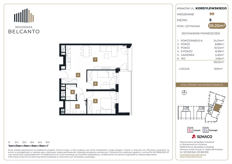 3 pokoje, mieszkanie 59,20 m², piętro 5, oferta nr 1.99, Residenza Belcanto, Kraków, Grzegórzki, ul. Kazimierza Kordylewskiego 3