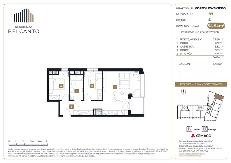 3 pokoje, mieszkanie 54,84 m², piętro 5, oferta nr 1.97, Residenza Belcanto, Kraków, Grzegórzki, ul. Kazimierza Kordylewskiego 3