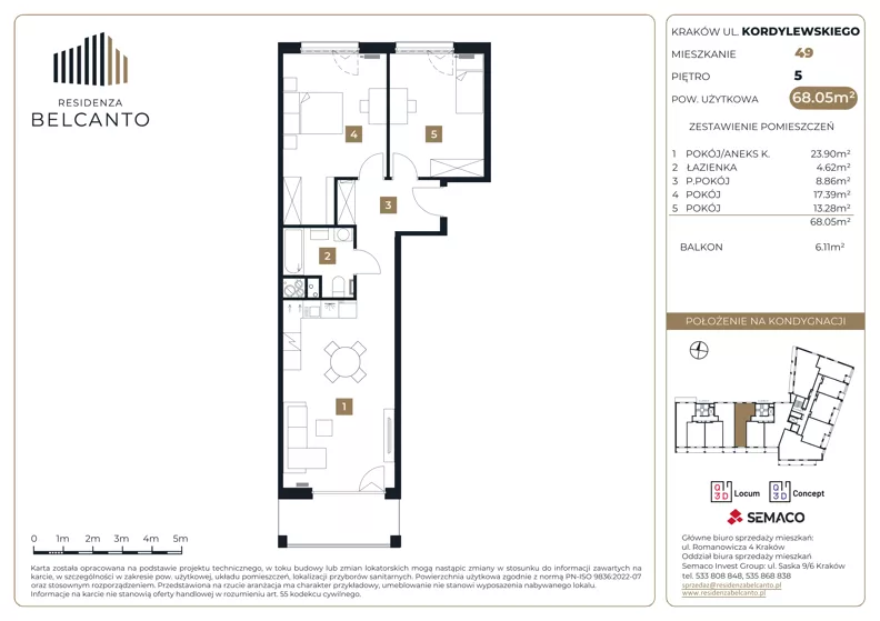 3 pokoje, mieszkanie 68,05 m², piętro 5, oferta nr 1.49, Residenza Belcanto, Kraków, Grzegórzki, ul. Kazimierza Kordylewskiego 3
