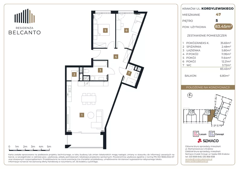 3 pokoje, mieszkanie 83,45 m², piętro 5, oferta nr 1.47, Residenza Belcanto, Kraków, Grzegórzki, ul. Kazimierza Kordylewskiego 3