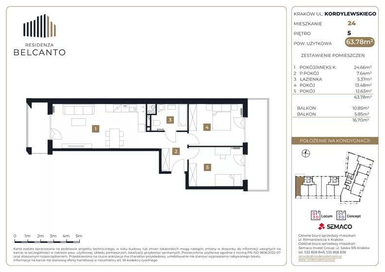 3 pokoje, mieszkanie 63,78 m², piętro 5, oferta nr 1.24, Residenza Belcanto, Kraków, Grzegórzki, ul. Kazimierza Kordylewskiego 3