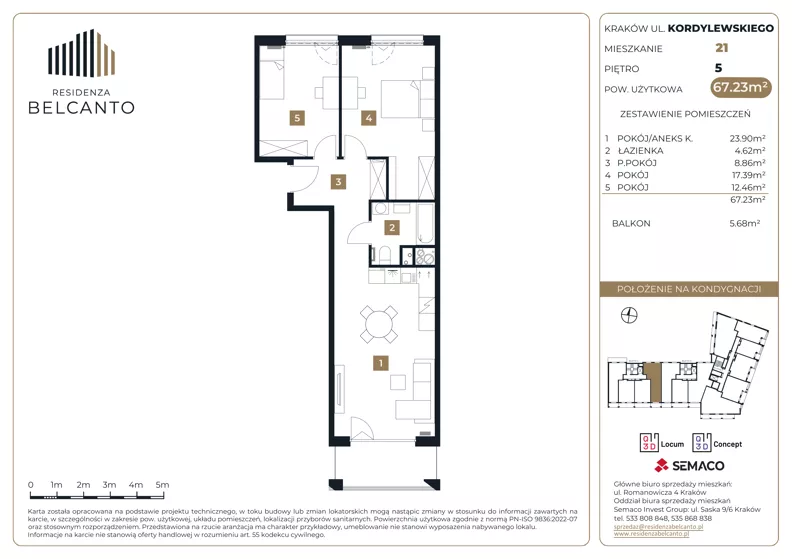 3 pokoje, mieszkanie 67,23 m², piętro 5, oferta nr 1.21, Residenza Belcanto, Kraków, Grzegórzki, ul. Kazimierza Kordylewskiego 3