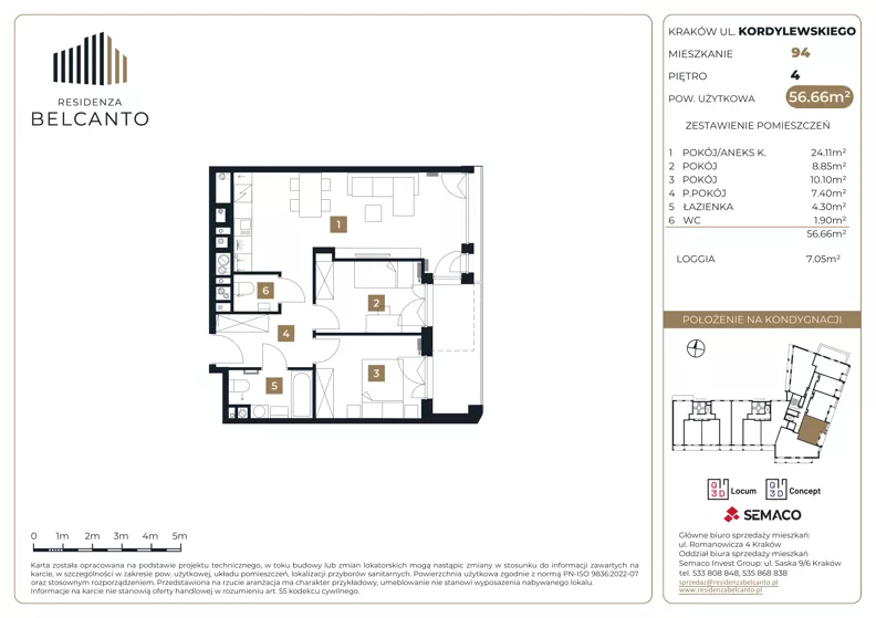 3 pokoje, mieszkanie 56,66 m², piętro 4, oferta nr 1.94, Residenza Belcanto, Kraków, Grzegórzki, ul. Kazimierza Kordylewskiego 3