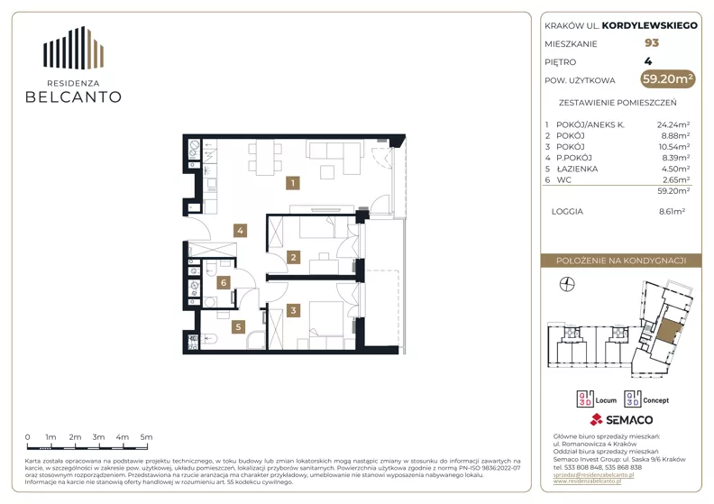 3 pokoje, mieszkanie 59,20 m², piętro 4, oferta nr 1.93, Residenza Belcanto, Kraków, Grzegórzki, ul. Kazimierza Kordylewskiego 3
